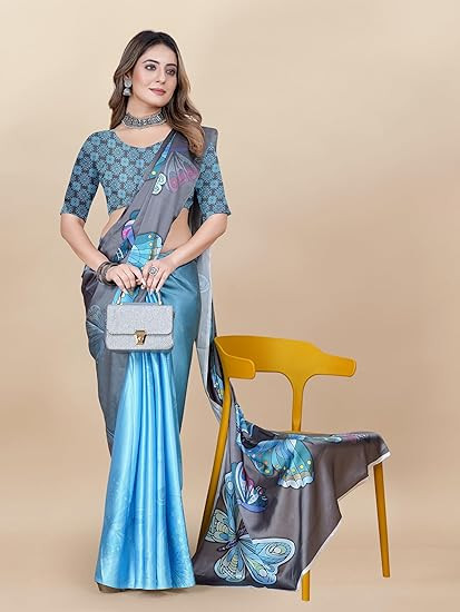 Designer Digital Print Japan Satin Silk Saree with Unstitched Blouse Piece (Japan)